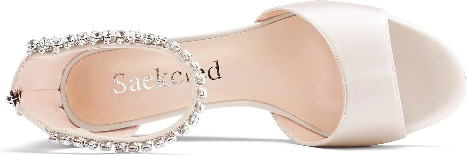 Saekcted Women Chunky Block Wedge Mid Heel Peep Open Toe Sandals Ankle Strap Diamond Crystal Wedding Party Dress 2.0 Inches Heels
