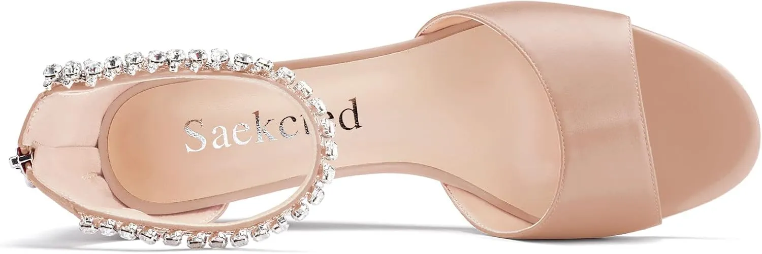 Saekcted Women Chunky Block Wedge Mid Heel Peep Open Toe Sandals Ankle Strap Diamond Crystal Wedding Party Dress 2.0 Inches Heels