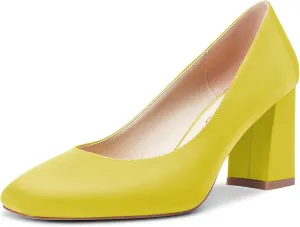 Saekcted Women High Chunky Block Heel Close Square Toe Pumps Slip-on Wedding Office Cute 3.0 Inches Heels Shoes