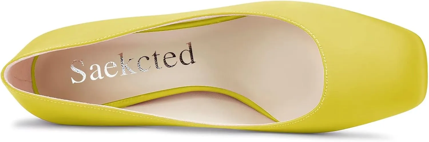 Saekcted Women High Chunky Block Heel Close Square Toe Pumps Slip-on Wedding Office Cute 3.0 Inches Heels Shoes