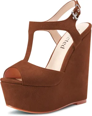 Saekcted Women High Wedge Platform Heel Peep Open Toe Sandals T-strap Ankle Strap Buckle Party Dress Cute Shoes