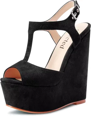 Saekcted Women High Wedge Platform Heel Peep Open Toe Sandals T-strap Ankle Strap Buckle Party Dress Cute Shoes