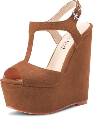 Saekcted Women High Wedge Platform Heel Peep Open Toe Sandals T-strap Ankle Strap Buckle Party Dress Cute Shoes