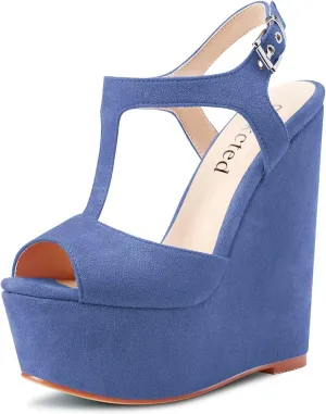 Saekcted Women High Wedge Platform Heel Peep Open Toe Sandals T-strap Ankle Strap Buckle Party Dress Cute Shoes