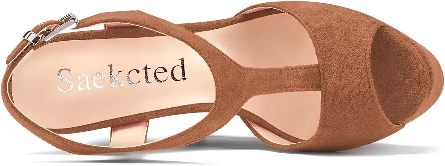 Saekcted Women High Wedge Platform Heel Peep Open Toe Sandals T-strap Ankle Strap Buckle Party Dress Cute Shoes