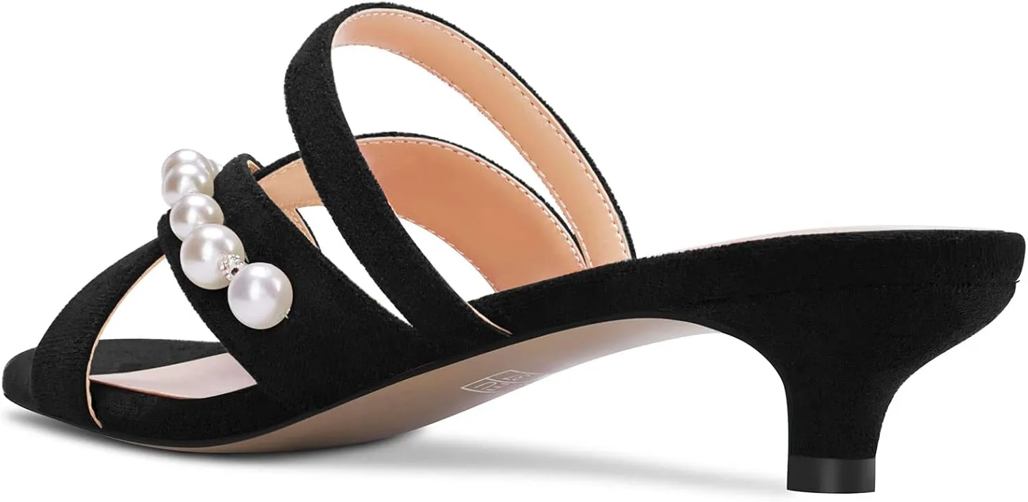 Saekcted Women Low Kitten Heel Peep Open Toe Sandals Slip-on Pearls Casual Dress 1.4 Inches Heels