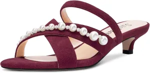 Saekcted Women Low Kitten Heel Peep Open Toe Sandals Slip-on Pearls Casual Dress 1.4 Inches Heels