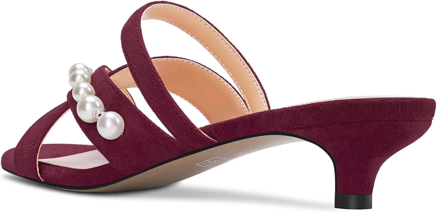 Saekcted Women Low Kitten Heel Peep Open Toe Sandals Slip-on Pearls Casual Dress 1.4 Inches Heels