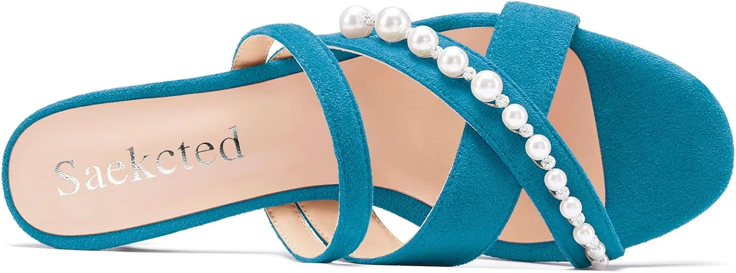 Saekcted Women Low Kitten Heel Peep Open Toe Sandals Slip-on Pearls Casual Dress 1.4 Inches Heels