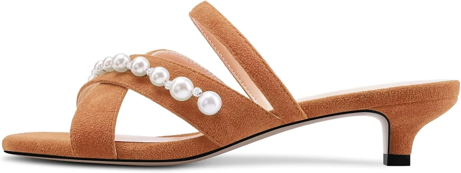 Saekcted Women Low Kitten Heel Peep Open Toe Sandals Slip-on Pearls Casual Dress 1.4 Inches Heels