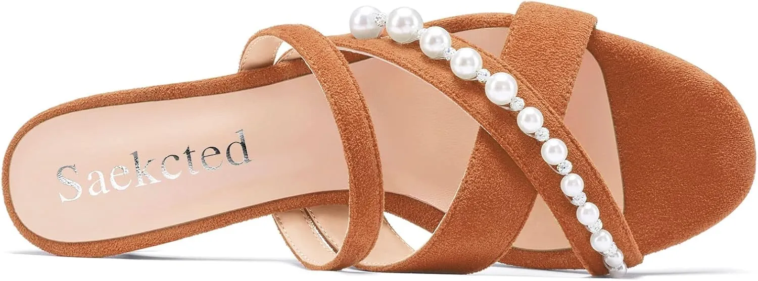 Saekcted Women Low Kitten Heel Peep Open Toe Sandals Slip-on Pearls Casual Dress 1.4 Inches Heels