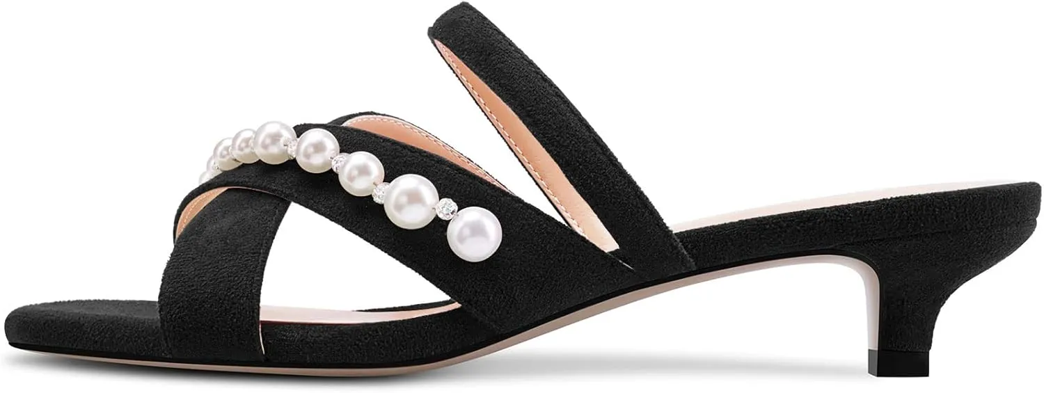 Saekcted Women Low Kitten Heel Peep Open Toe Sandals Slip-on Pearls Casual Dress 1.4 Inches Heels