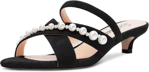 Saekcted Women Low Kitten Heel Peep Open Toe Sandals Slip-on Pearls Casual Dress 1.4 Inches Heels