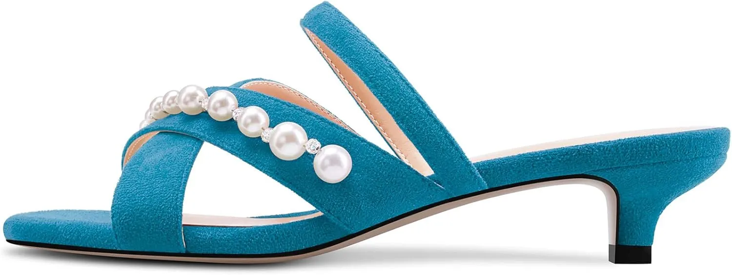 Saekcted Women Low Kitten Heel Peep Open Toe Sandals Slip-on Pearls Casual Dress 1.4 Inches Heels