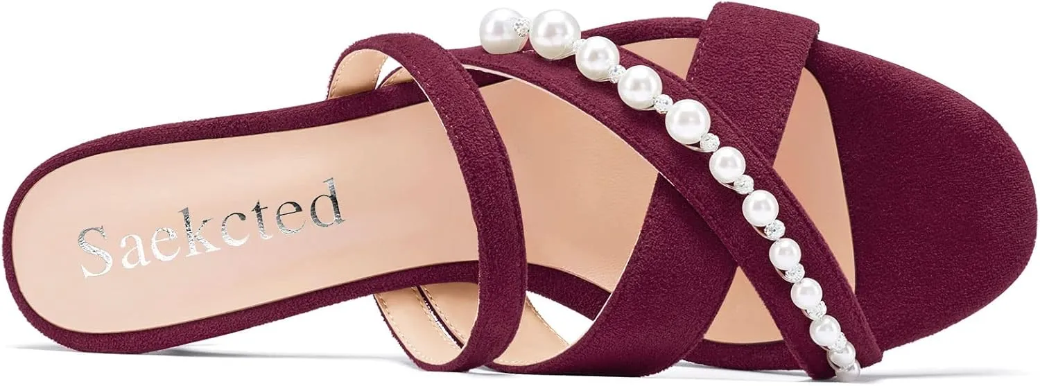 Saekcted Women Low Kitten Heel Peep Open Toe Sandals Slip-on Pearls Casual Dress 1.4 Inches Heels