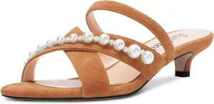 Saekcted Women Low Kitten Heel Peep Open Toe Sandals Slip-on Pearls Casual Dress 1.4 Inches Heels