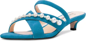 Saekcted Women Low Kitten Heel Peep Open Toe Sandals Slip-on Pearls Casual Dress 1.4 Inches Heels