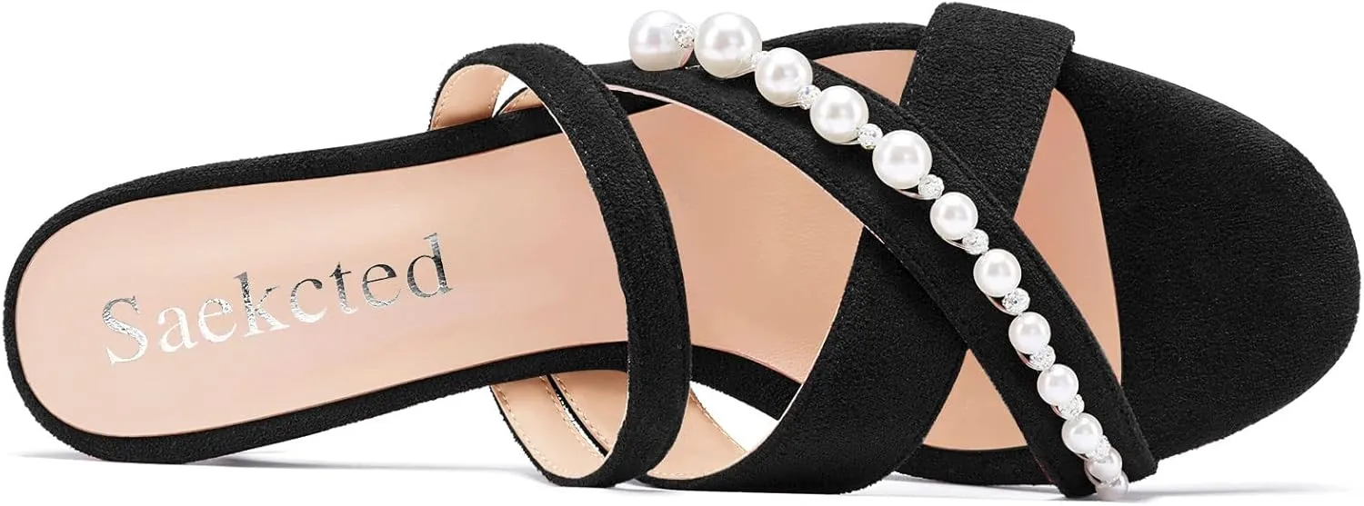 Saekcted Women Low Kitten Heel Peep Open Toe Sandals Slip-on Pearls Casual Dress 1.4 Inches Heels