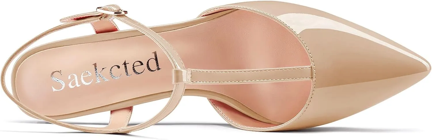 Saekcted Women Low Kitten Heel Pointed Toe T-Strap Ankle Strap Pumps Classic Cute Dress 1.4 Inches Heels