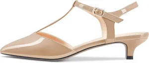 Saekcted Women Low Kitten Heel Pointed Toe T-Strap Ankle Strap Pumps Classic Cute Dress 1.4 Inches Heels