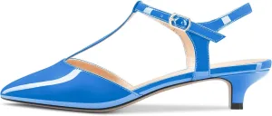 Saekcted Women Low Kitten Heel Pointed Toe T-Strap Ankle Strap Pumps Classic Cute Dress 1.4 Inches Heels