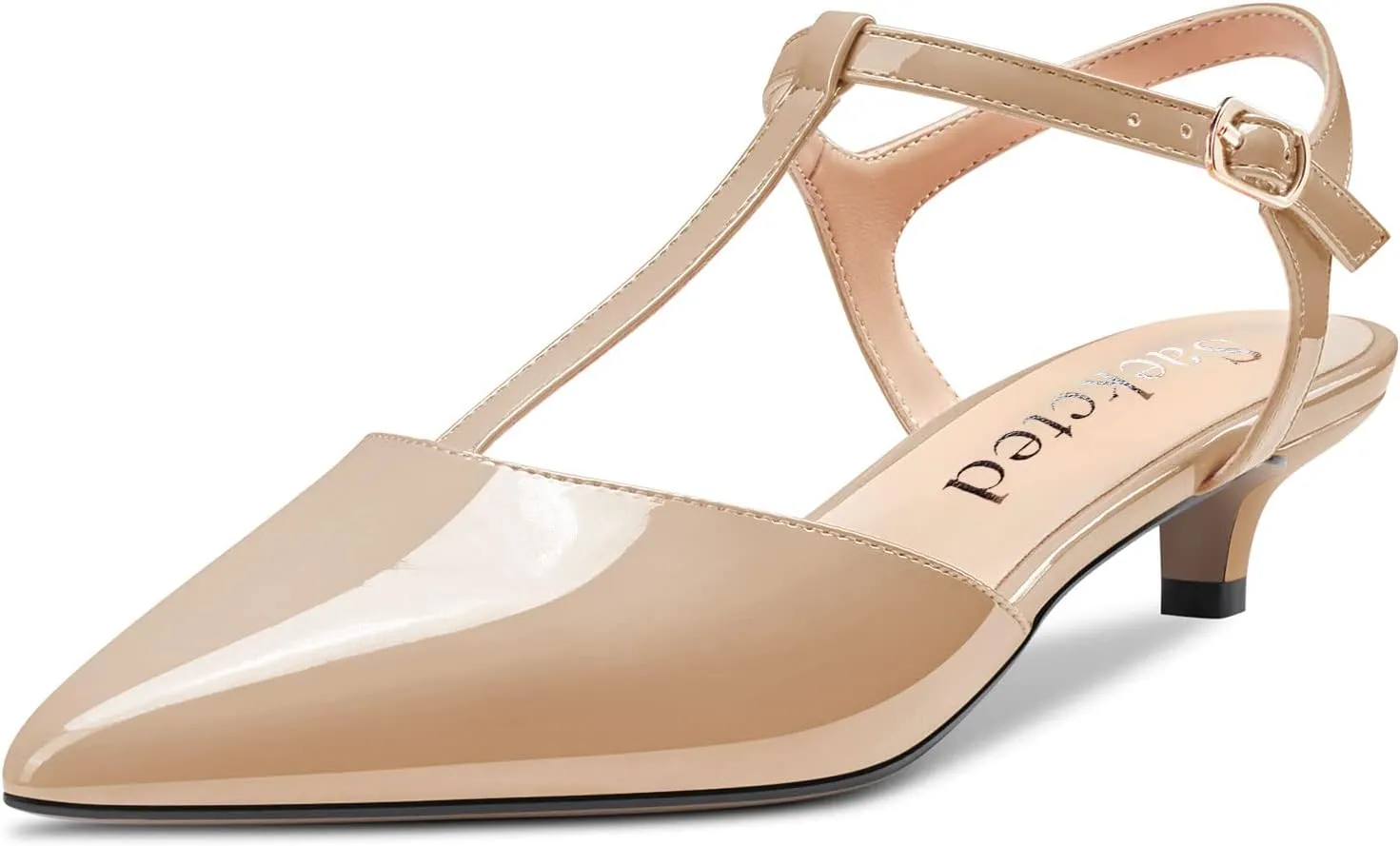 Saekcted Women Low Kitten Heel Pointed Toe T-Strap Ankle Strap Pumps Classic Cute Dress 1.4 Inches Heels