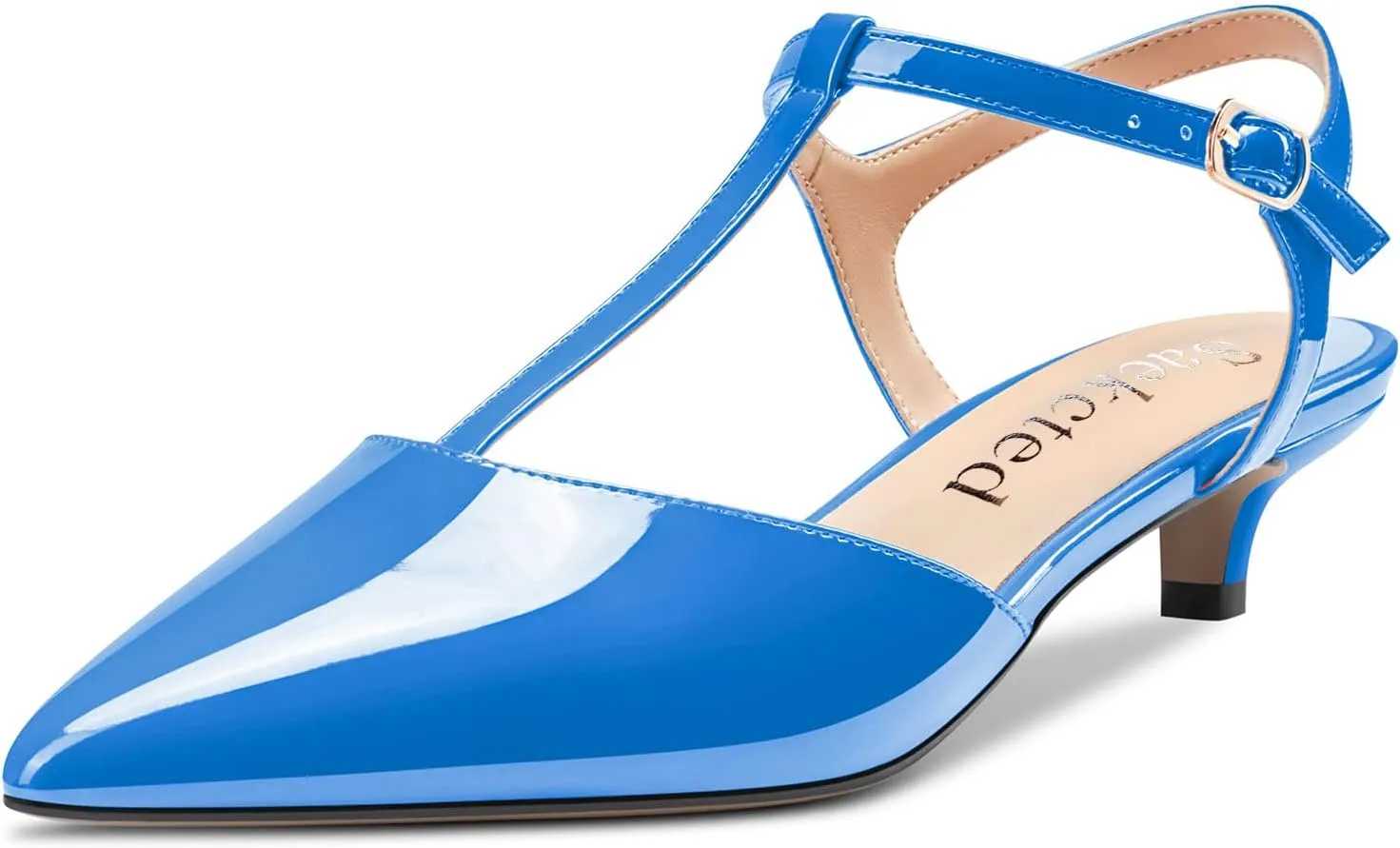Saekcted Women Low Kitten Heel Pointed Toe T-Strap Ankle Strap Pumps Classic Cute Dress 1.4 Inches Heels