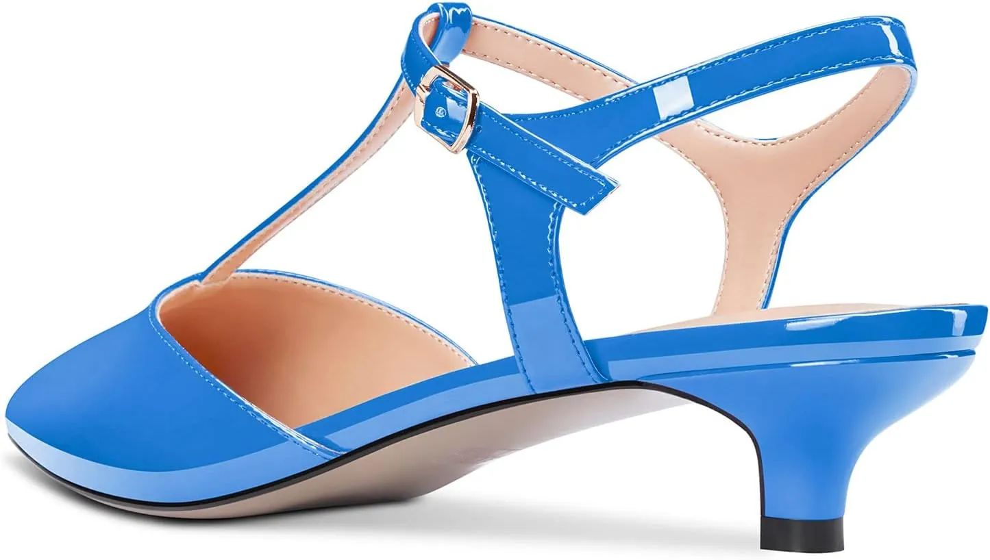 Saekcted Women Low Kitten Heel Pointed Toe T-Strap Ankle Strap Pumps Classic Cute Dress 1.4 Inches Heels
