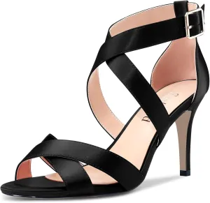 Saekcted Women Stiletto High Heel Cross-Strap Sandals Peep Open Toe Ankle Strap Wedding Party Clear 3.2 Inches Heels