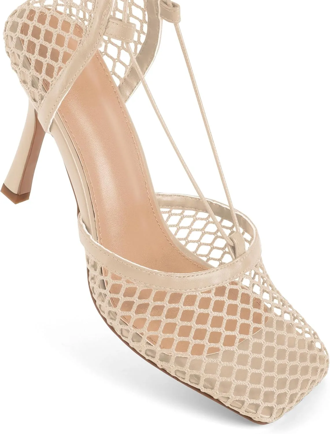 SAMMITOP Women's Square Toe Mesh Lace Up Strappy Sexy Heels Sandals Stiletto High Heel Closed Toe Summer Dress Shoes 3.5 Inch