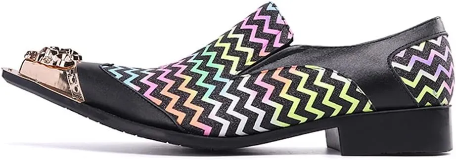 Santimon Mens Dress Loafers Zigzag Genuine Leather Metallic Lion Pointed Toe Fashion Colorful Comfortable Party Wedding Formal Driving Shoes