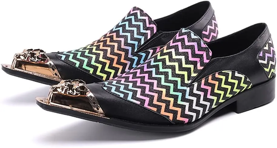 Santimon Mens Dress Loafers Zigzag Genuine Leather Metallic Lion Pointed Toe Fashion Colorful Comfortable Party Wedding Formal Driving Shoes