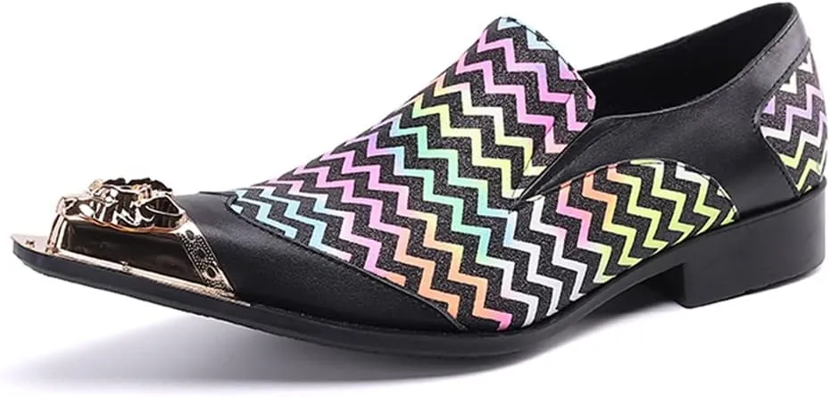 Santimon Mens Dress Loafers Zigzag Genuine Leather Metallic Lion Pointed Toe Fashion Colorful Comfortable Party Wedding Formal Driving Shoes