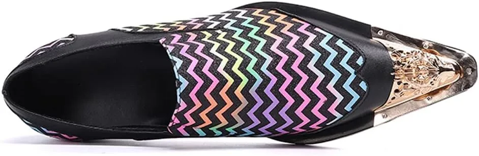 Santimon Mens Dress Loafers Zigzag Genuine Leather Metallic Lion Pointed Toe Fashion Colorful Comfortable Party Wedding Formal Driving Shoes