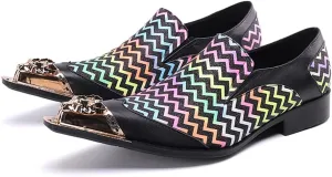 Santimon Mens Dress Loafers Zigzag Genuine Leather Metallic Lion Pointed Toe Fashion Colorful Comfortable Party Wedding Formal Driving Shoes