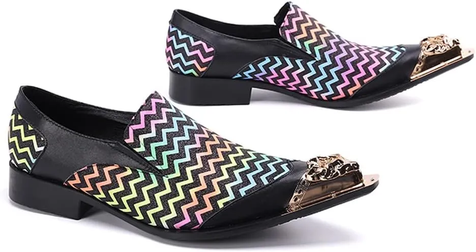 Santimon Mens Dress Loafers Zigzag Genuine Leather Metallic Lion Pointed Toe Fashion Colorful Comfortable Party Wedding Formal Driving Shoes