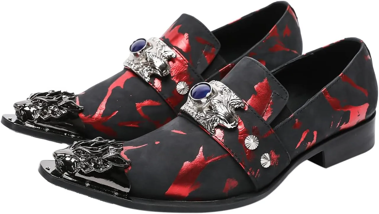 Santimon Men's Dress Shoes Suede Leather Dragon Black Metal Tip Single Strap Wedding Formal Loafers