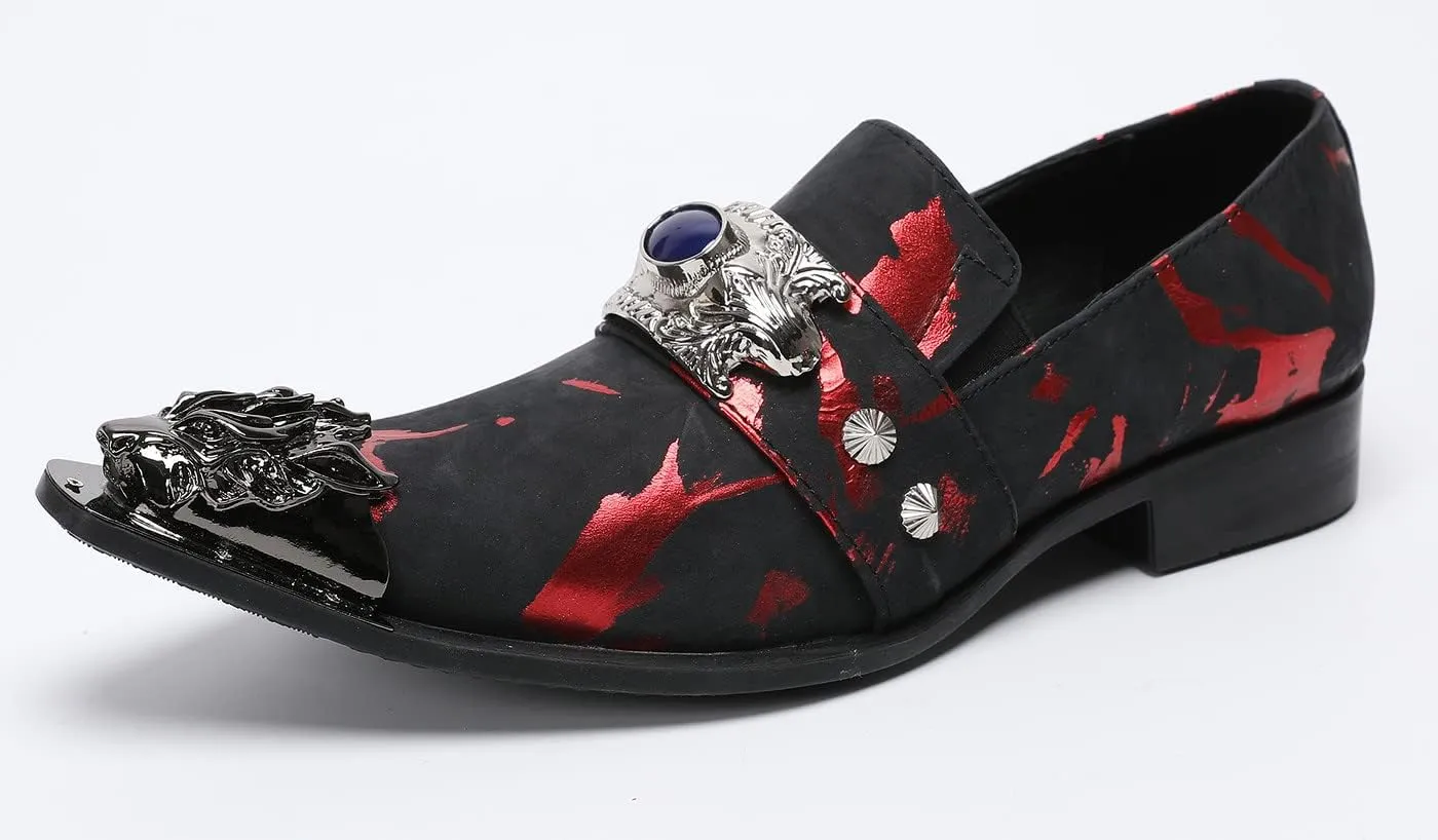 Santimon Men's Dress Shoes Suede Leather Dragon Black Metal Tip Single Strap Wedding Formal Loafers