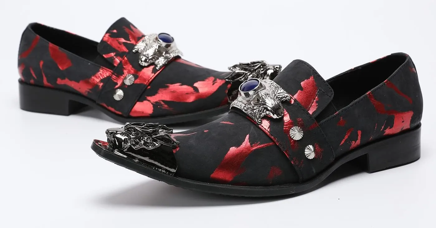 Santimon Men's Dress Shoes Suede Leather Dragon Black Metal Tip Single Strap Wedding Formal Loafers