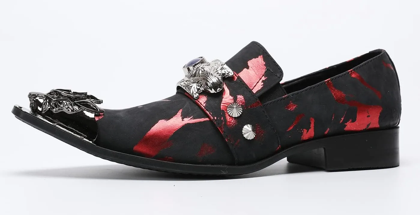 Santimon Men's Dress Shoes Suede Leather Dragon Black Metal Tip Single Strap Wedding Formal Loafers