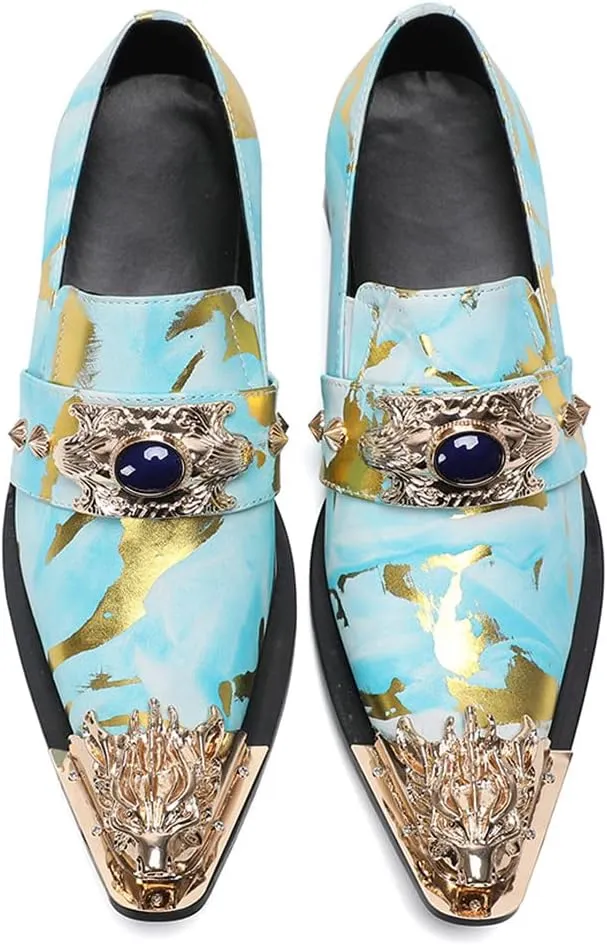 Santimon Men's Dress Shoes Suede Leather Multicolored Dragon Metal Tip Single Strap Gold Crystals Bead Wedding Formal Loafers