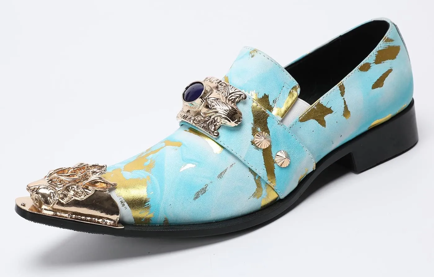 Santimon Men's Dress Shoes Suede Leather Multicolored Dragon Metal Tip Single Strap Gold Crystals Bead Wedding Formal Loafers