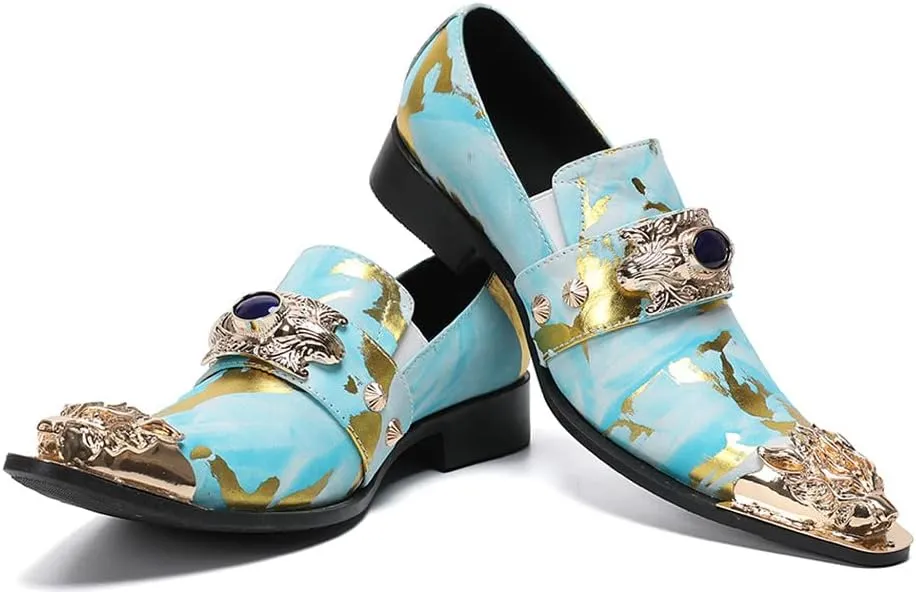 Santimon Men's Dress Shoes Suede Leather Multicolored Dragon Metal Tip Single Strap Gold Crystals Bead Wedding Formal Loafers