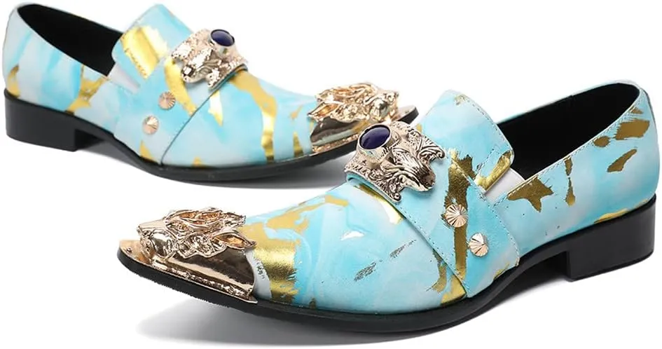 Santimon Men's Dress Shoes Suede Leather Multicolored Dragon Metal Tip Single Strap Gold Crystals Bead Wedding Formal Loafers