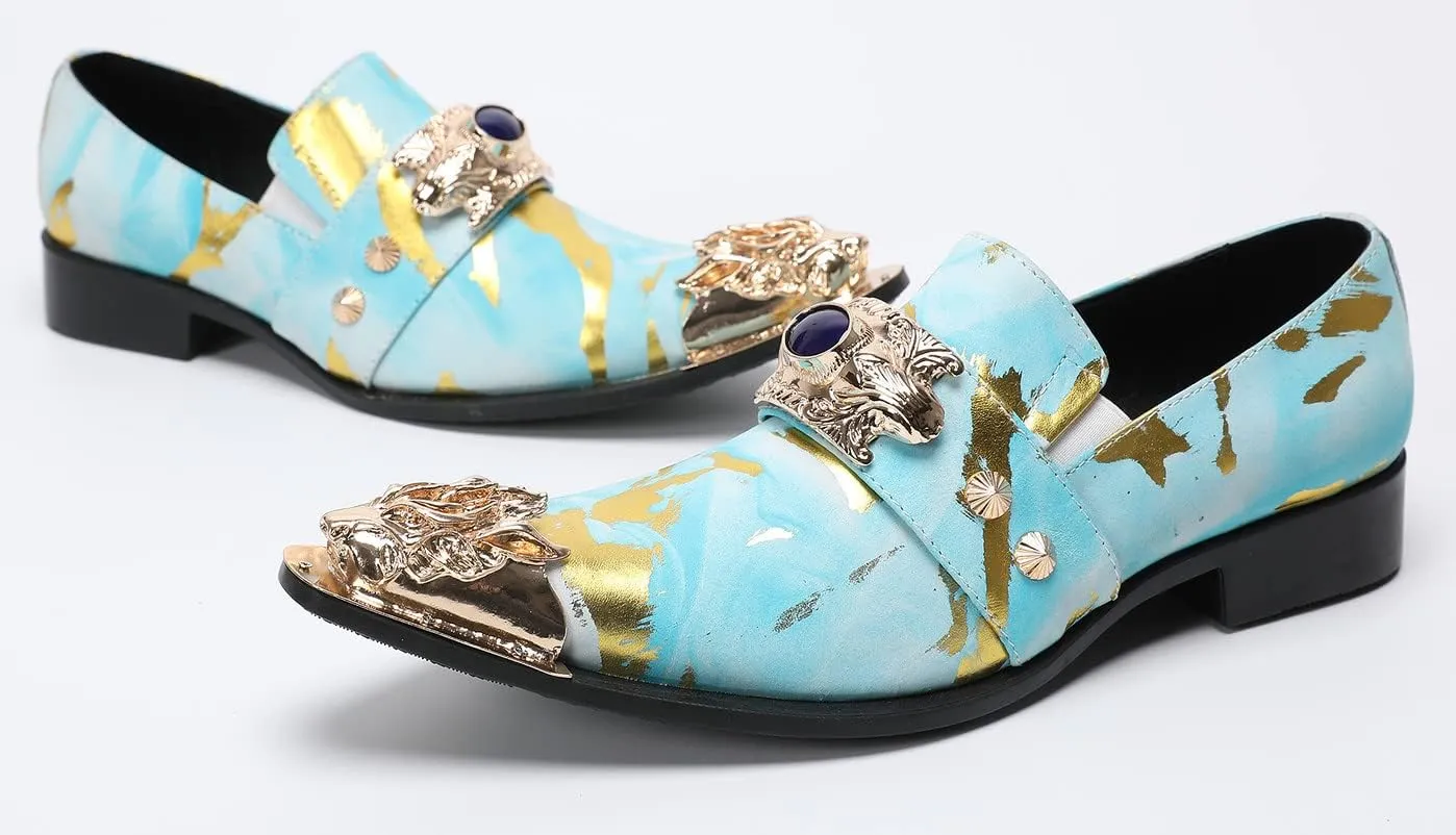 Santimon Men's Dress Shoes Suede Leather Multicolored Dragon Metal Tip Single Strap Gold Crystals Bead Wedding Formal Loafers