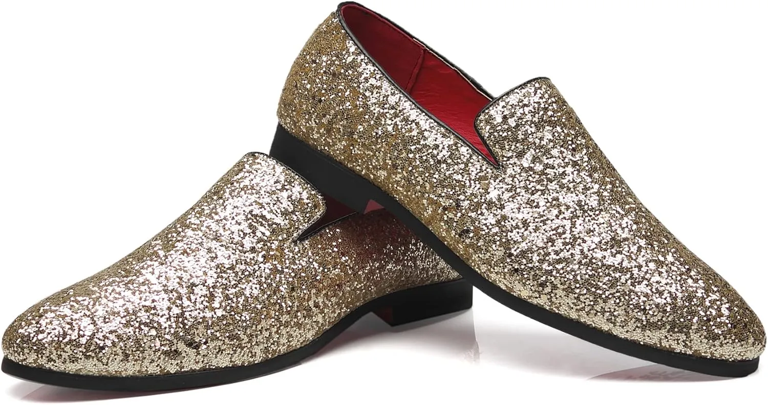 Santimon Mens Glitter Loafers Slip-On Dress Shoes – Sparkly Tuxedo & Suit Shoes for Weddings, Parties, and Formal Events