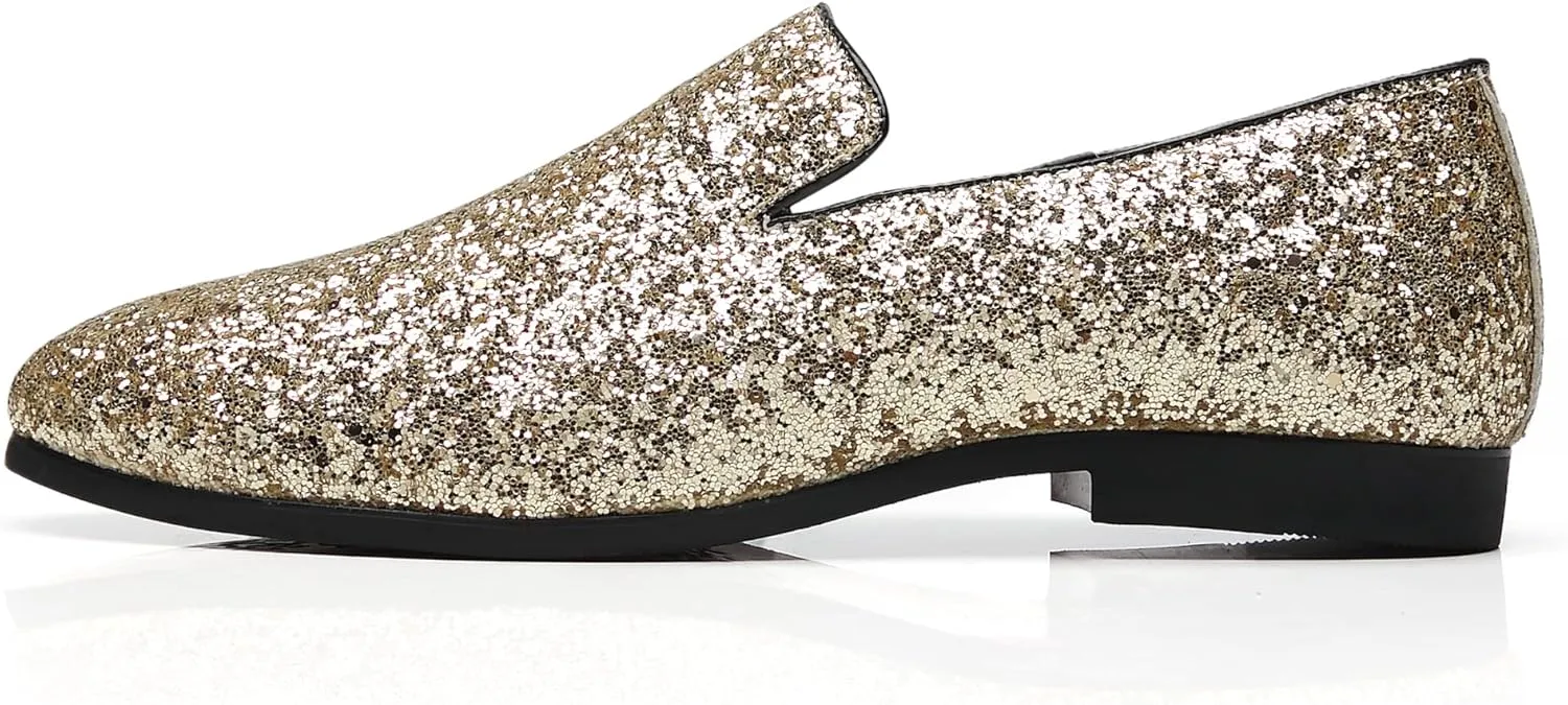 Santimon Mens Glitter Loafers Slip-On Dress Shoes – Sparkly Tuxedo & Suit Shoes for Weddings, Parties, and Formal Events