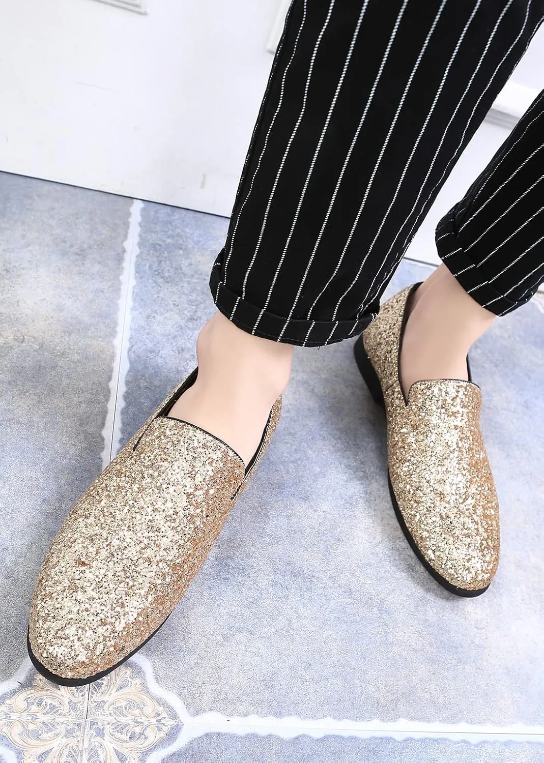 Santimon Mens Glitter Loafers Slip-On Dress Shoes – Sparkly Tuxedo & Suit Shoes for Weddings, Parties, and Formal Events