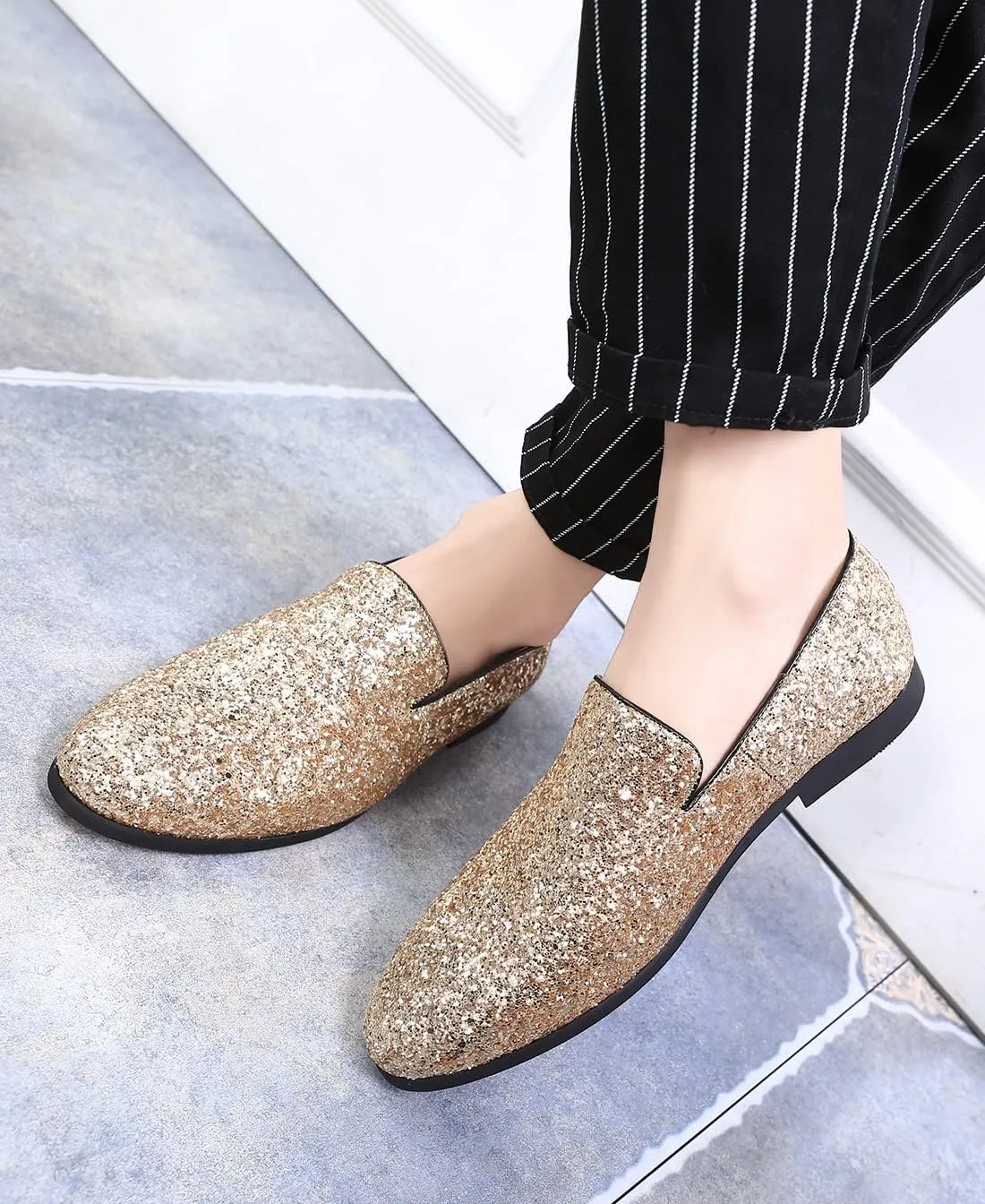 Santimon Mens Glitter Loafers Slip-On Dress Shoes – Sparkly Tuxedo & Suit Shoes for Weddings, Parties, and Formal Events