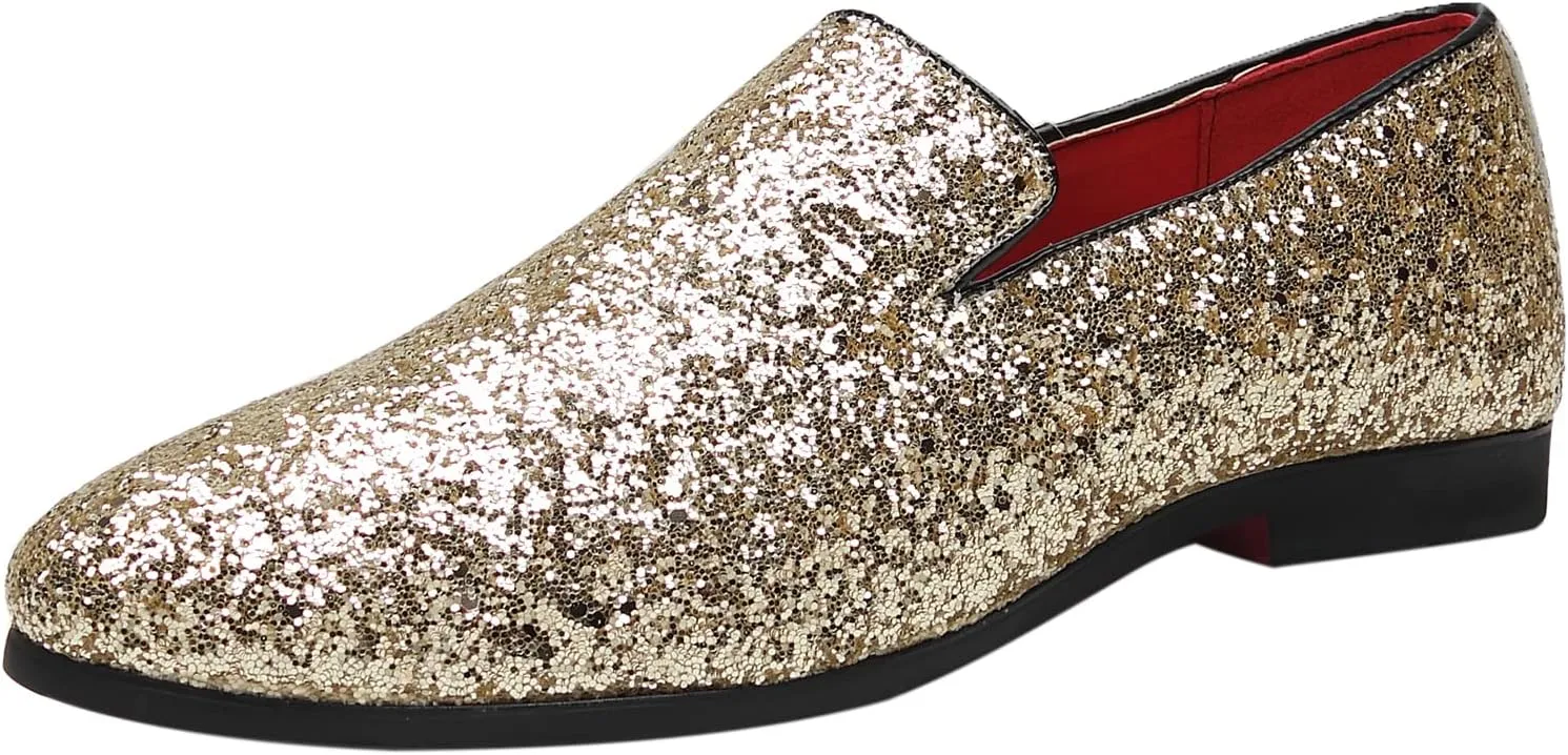 Santimon Mens Glitter Loafers Slip-On Dress Shoes – Sparkly Tuxedo & Suit Shoes for Weddings, Parties, and Formal Events